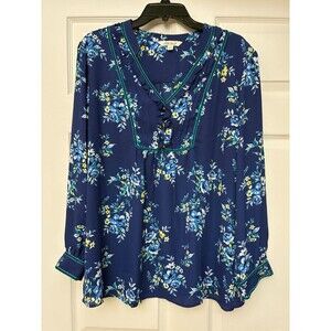 Pioneer Woman Women's XXL Blue Floral Boho Tunic Top Long Sleeve Ruffle